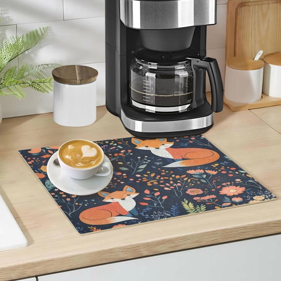 Qxltty Cute Fox Patterns Leather Drying Mat for Kitchen Countertops Coffee Mats Hide Stain Quickly Absorbs Water Tableware Decor