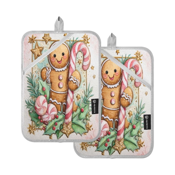 Qxltty Cute Gingerbread Man Oven Mitts 2-Pack Heat Resistant Quilted Oven Gloves with Hanging Loop for Microwave BBQ & Kitchen Use