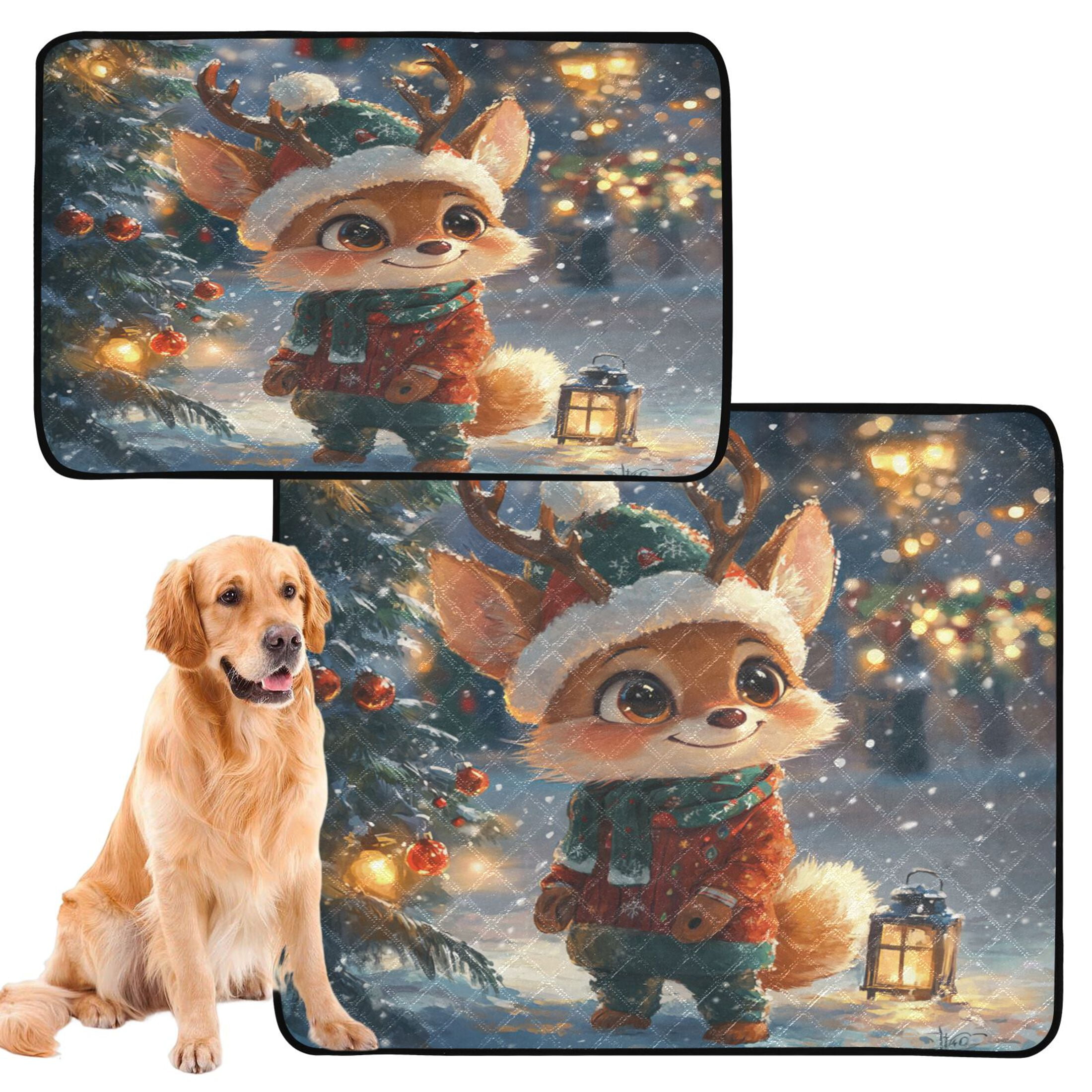 Qxltty Cute Little Fox Wearing A Christmas Hat Cat litter Pads Pet Set of 2 Diaper Mats Center Anti-leakage Layer Absorbent Soft and Comfortable