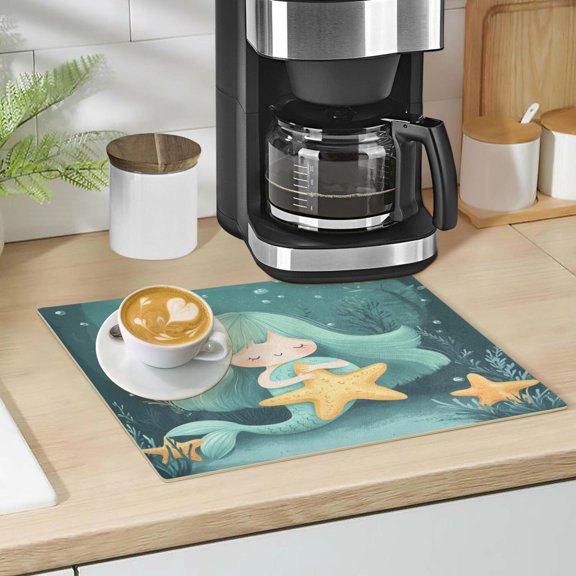 Qxltty Cute Mermaid Holding Starfish Leather Drying Mat for Kitchen Countertops Coffee Mats Hide Stain Quickly Absorbs Water Tableware Decor
