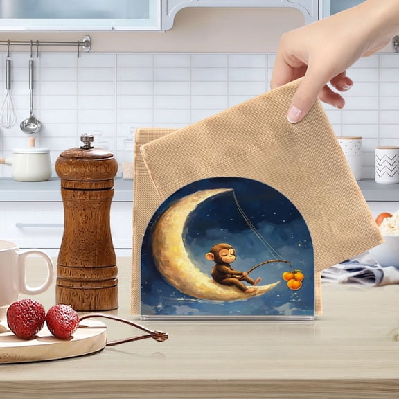 Qxltty Cute Monkey Sitting on The Moon Acrylic Napkin Holder Set of 2 Transparent Dining Table Kitchen Cafeteria Home Decor 4.1x4.9x1.97in