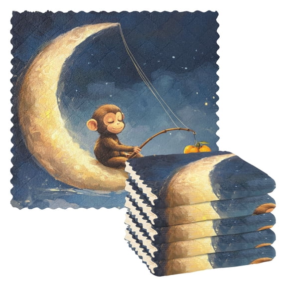 Qxltty Cute Monkey Sitting on The Moon Kitchen Towels Set of 6 Ultra Soft Absorbent Quick Drying Dish Cloths 11 x 11in