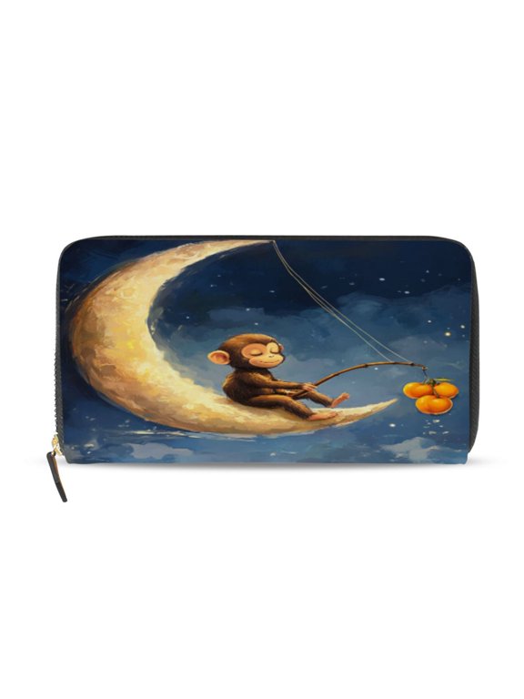 Cute Monkey Sitting on The Moon Women's Leather Wallet Fashion Retro Multi Card Holder with Cell Phone Pocket Mothers Day Gifts