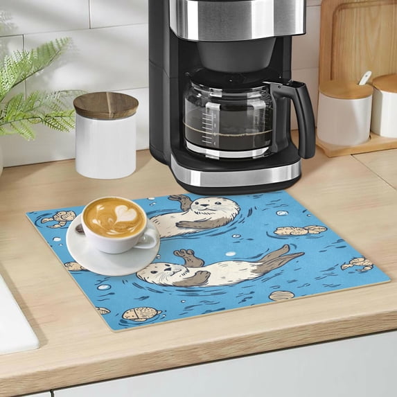 Qxltty Cute Otter Pattern Leather Drying Mat for Kitchen Countertops Coffee Mats Hide Stain Quickly Absorbs Water Tableware Decor