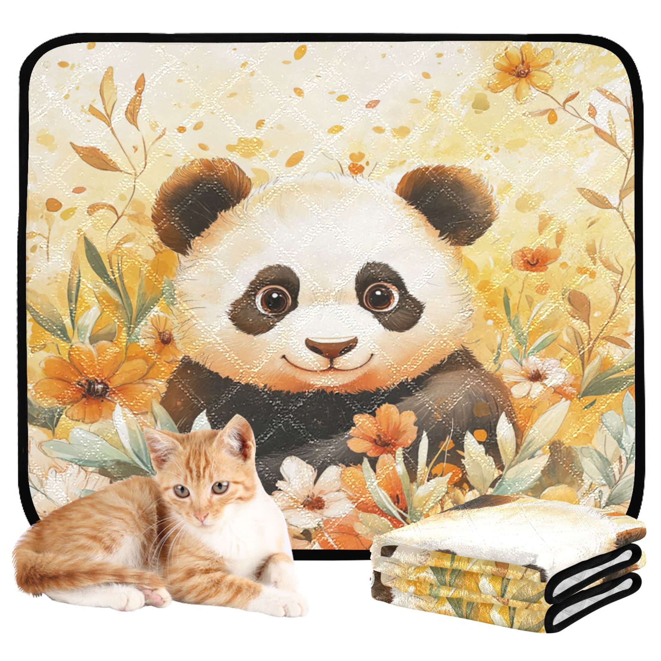 Qxltty Cute Panda Surrounded by Flowers Cat litter Pads Pet Set of 3 Diaper Mats Center Anti-leakage Layer Absorbent Soft and Comfortable