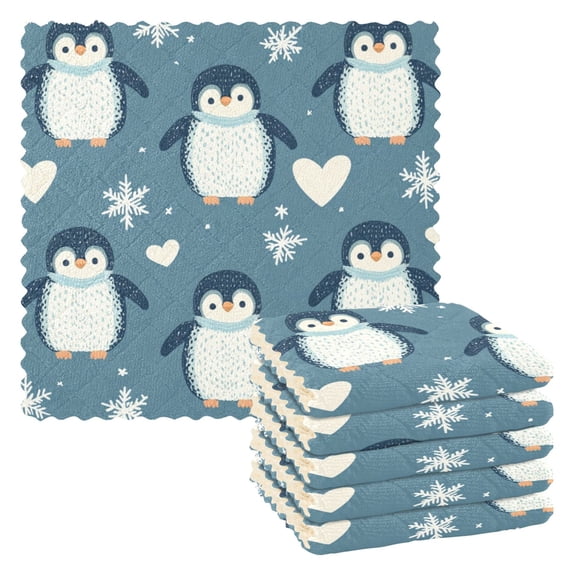 Qxltty Cute Penguins Blue Pattern Kitchen Towels Set of 6 Ultra Soft Absorbent Quick Drying Dish Cloths 11 x 11in