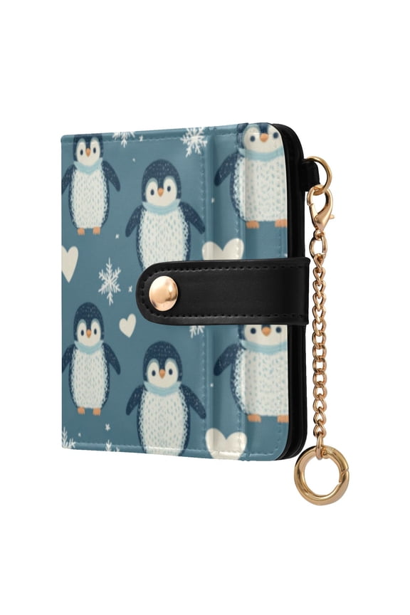 Cute Penguins Blue Pattern Ladies Wallet Rfid Slim Thin Compact Credit Card Women Wallet Zipper Coin Pocket and ID Window for Female Gifts