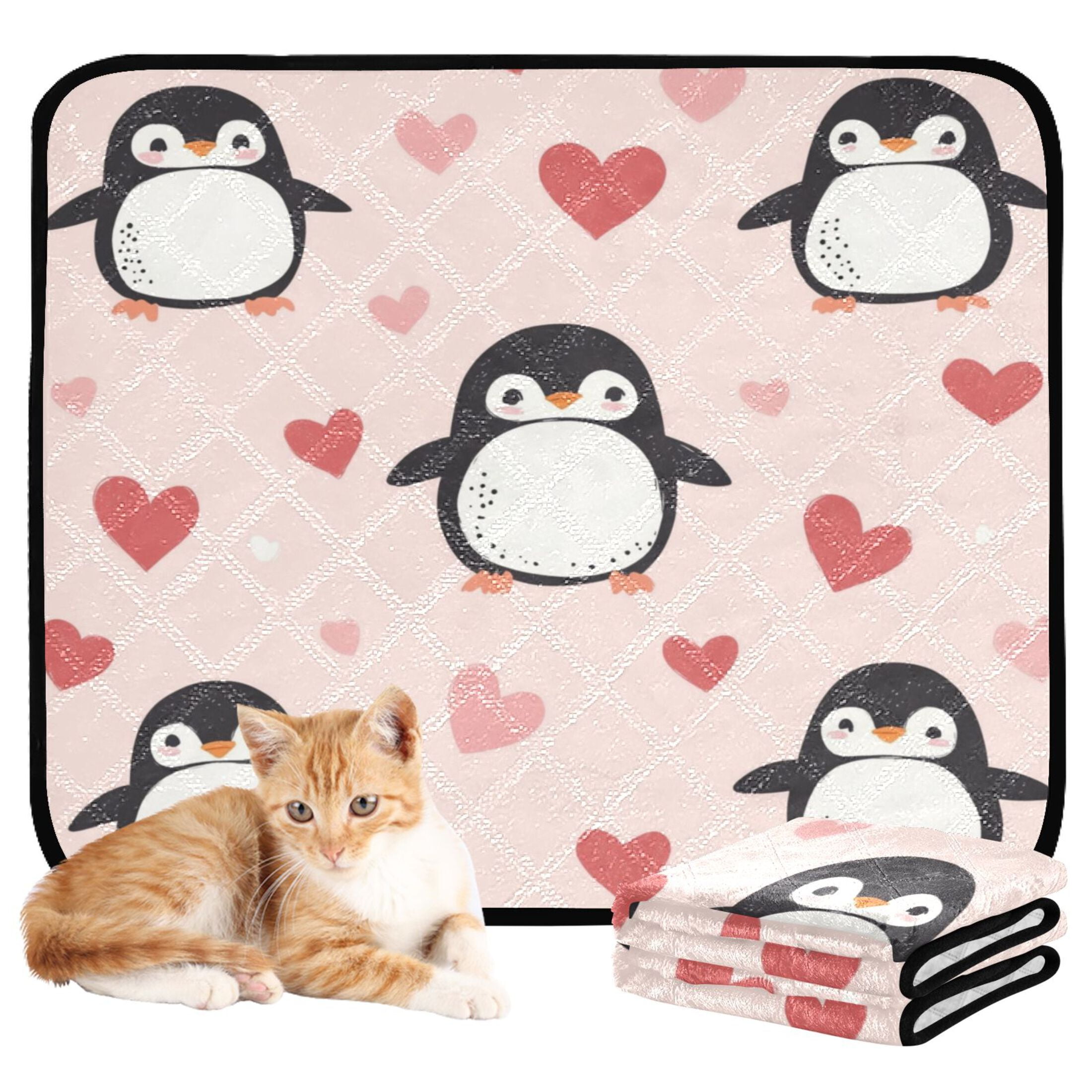 Qxltty Cute Penguins Hearts Pattern Cat litter Pads Pet Set of 3 Diaper Mats Center Anti-leakage Layer Absorbent Soft and Comfortable