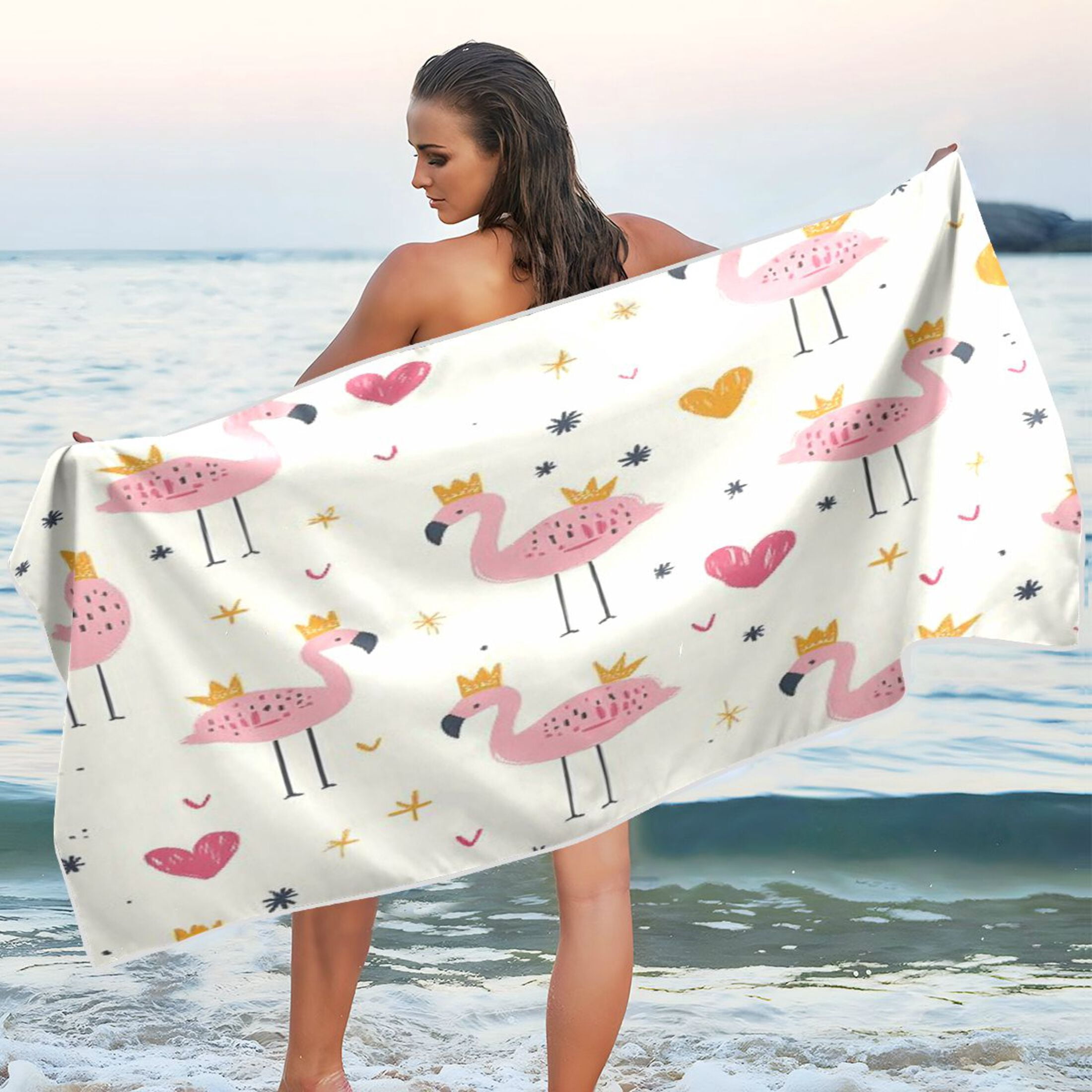 Qxltty Cute Pink Flamingos Crowns Hearts Beach Towel Sand Free Bath Towel Absorbent Quick Dry Soft Lightweight Blanket for Travel Gym Camping 71x31in