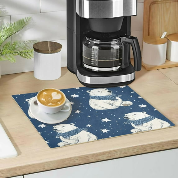 Qxltty Cute Polar Bears Pattern Leather Drying Mat for Kitchen Countertops Coffee Mats Hide Stain Quickly Absorbs Water Tableware Decor