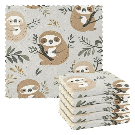 Qxltty Cute Sloth Pattern with Boho Elements Kitchen Towels Set of 6 Ultra Soft Absorbent Quick Drying Dish Cloths 11 x 11in