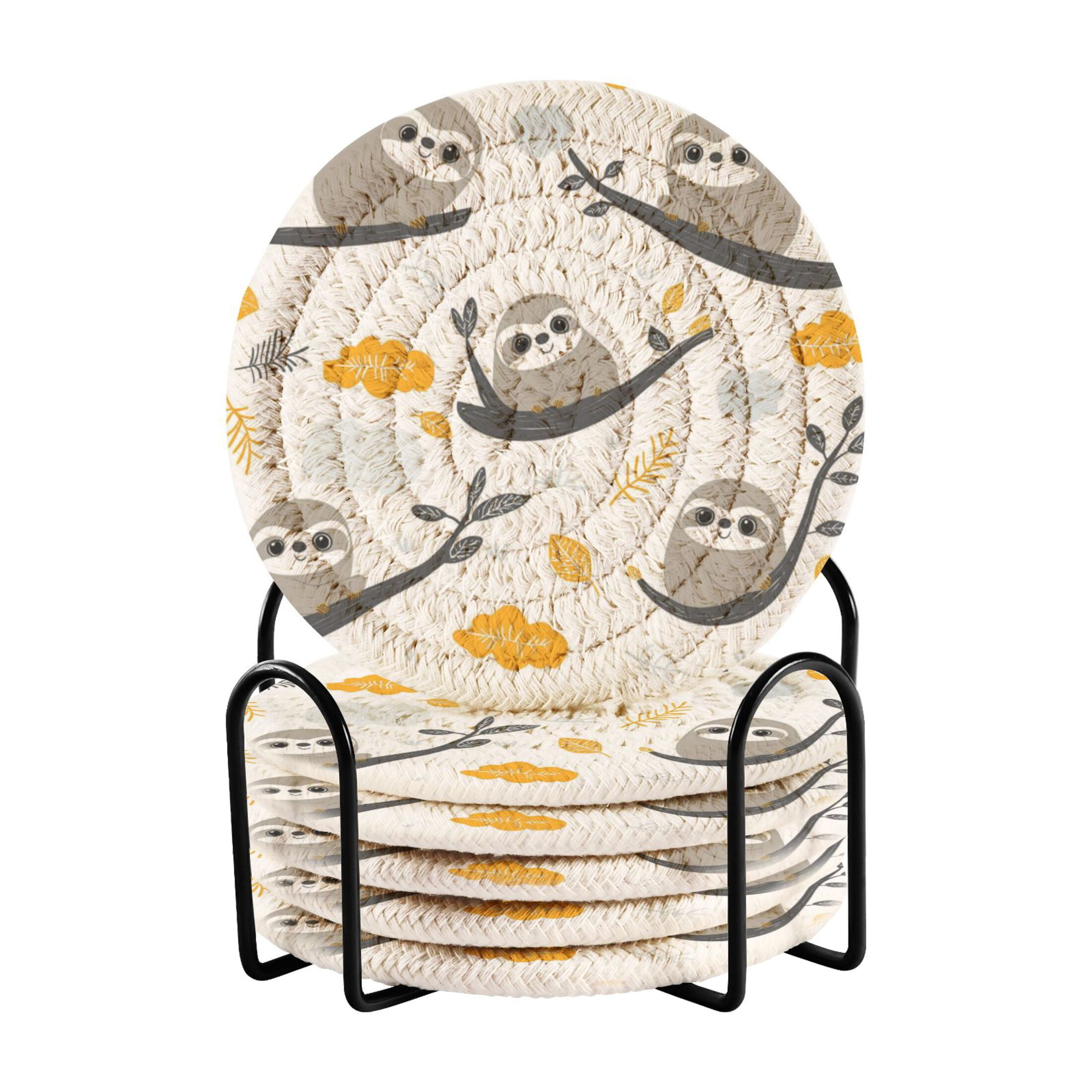 Qxltty Cute Sloth Patterns Lying on A Branch Drink Coasters with Holder ...