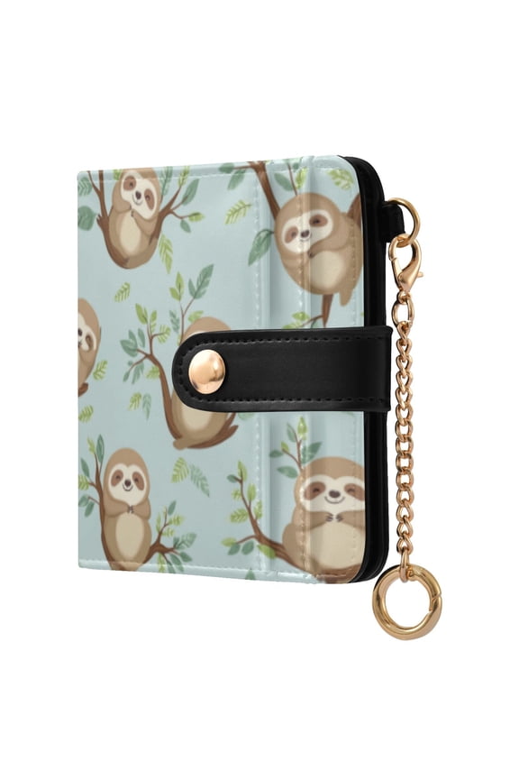 Cute Sloth Sitting on Tree Pattern Ladies Wallet Rfid Slim Thin Compact Credit Card Women Wallet Zipper Coin Pocket and ID Window for Female Gifts