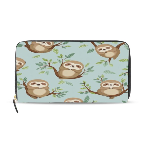 Qxltty Cute Sloth Sitting on Tree Pattern Women's Leather Wallet Fashion Retro Multi Card Holder with Cell Phone Pocket Mothers Day Gifts