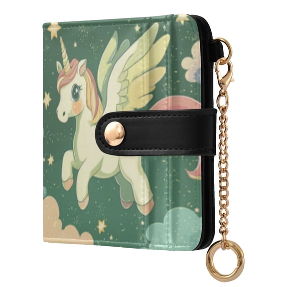 Qxltty Cute Unicorn Green Pattern Ladies Wallet Rfid Slim Thin Compact Credit Card Women Wallet Zipper Coin Pocket and ID Window for Female Gifts