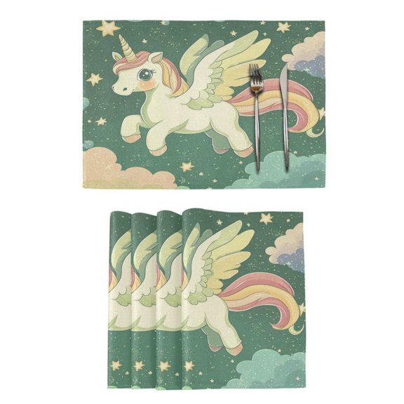 Qxltty Cute Unicorn Green Pattern Placemats Set of 6 Heat Resistant Non-Slip Place mat for Dining Table Washable Durable Polyester Woven Table Decorations