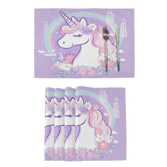 Qxltty Cute Unicorn Purple Pattern Placemats Set of 4 Heat Resistant Non-Slip Place mat for Dining Table Washable Durable Polyester Woven Table Decorations