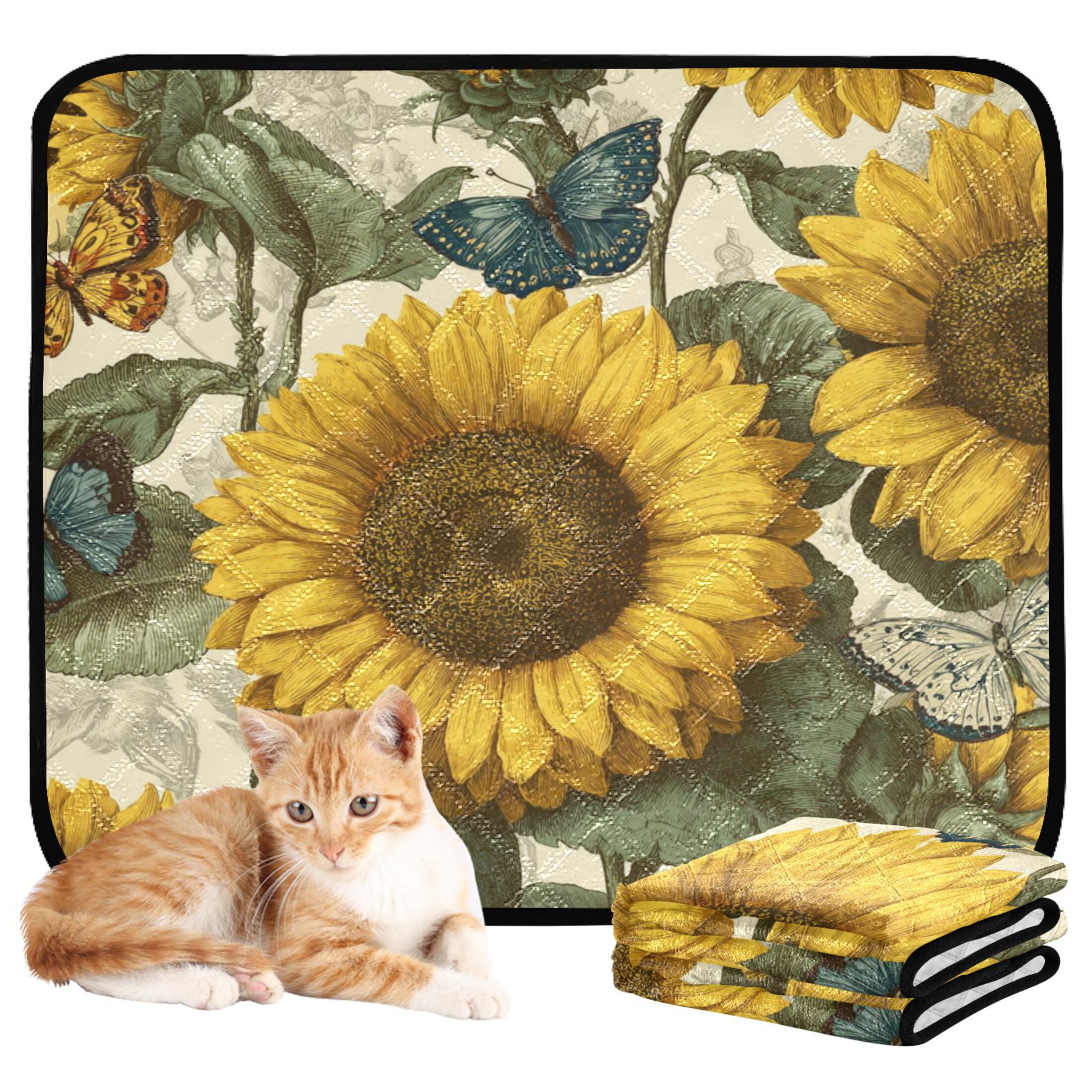 Qxltty Cyan Butterfly Sunflower Cat litter Pads Pet Set of 3 Diaper Mats Center Anti-leakage Layer Absorbent Soft and Comfortable