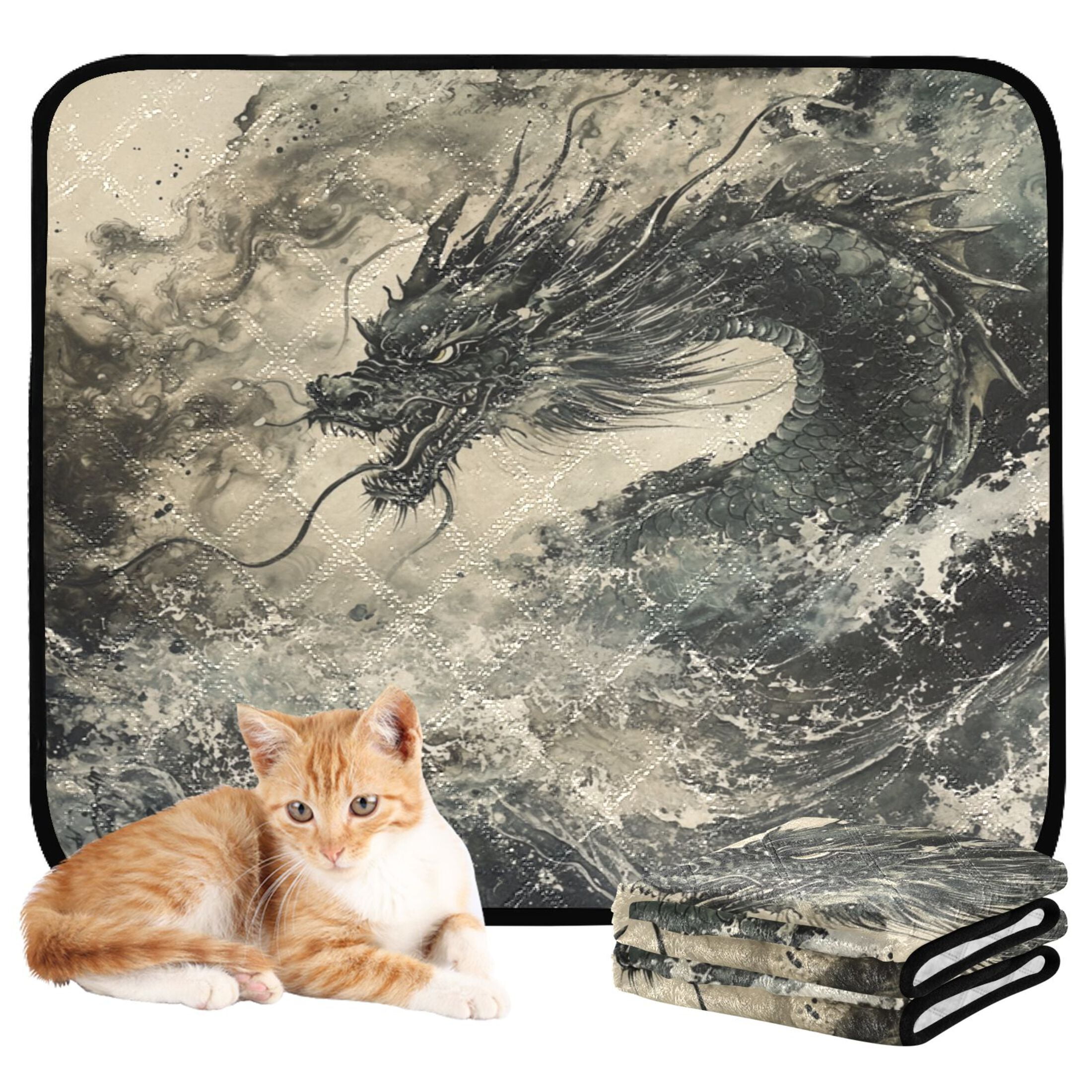 Qxltty Cyan Dragon Cat litter Pads Pet Set of 3 Diaper Mats Center Anti-leakage Layer Absorbent Soft and Comfortable