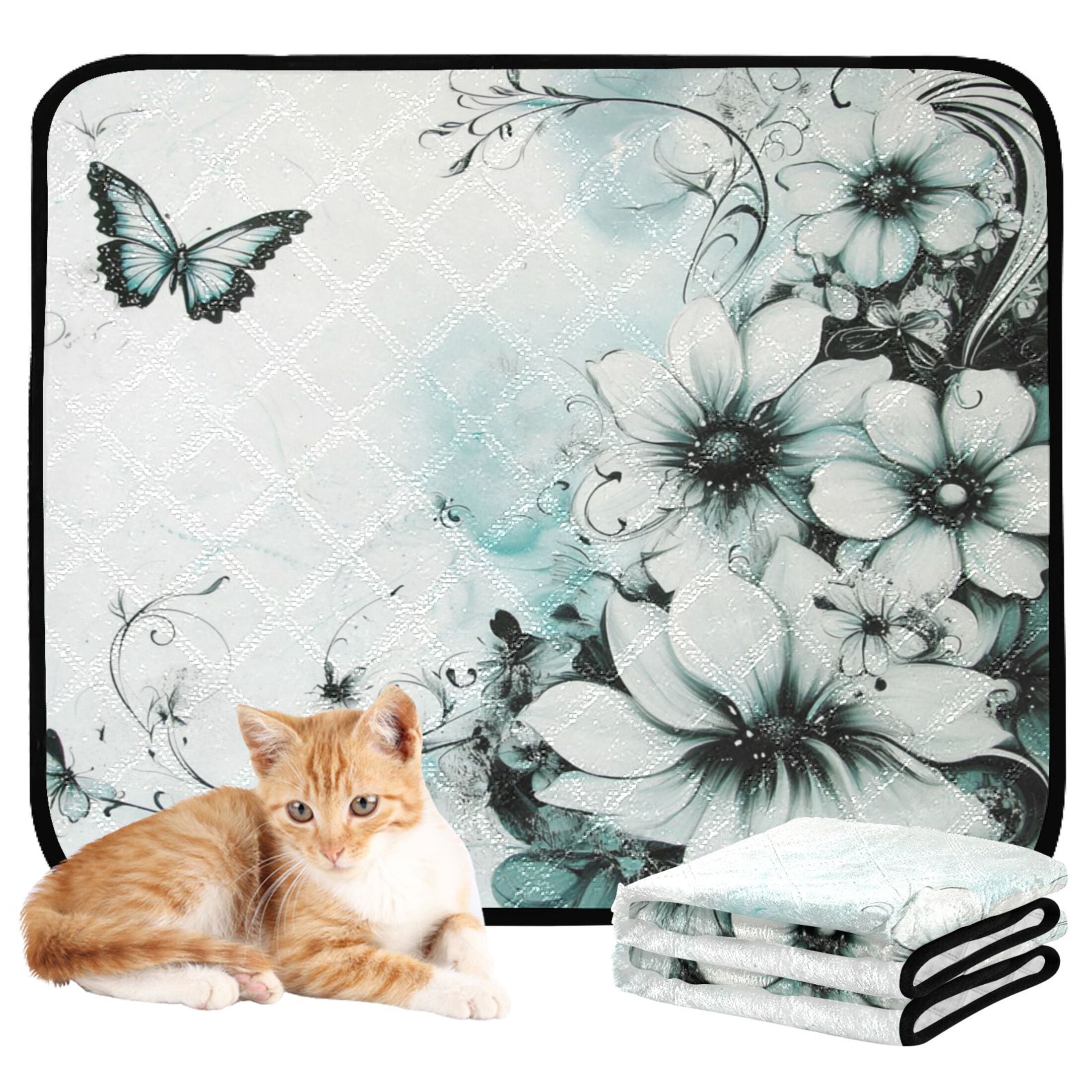 Qxltty Cyan Flowers Cat litter Pads Pet Set of 3 Diaper Mats Center Anti-leakage Layer Absorbent Soft and Comfortable
