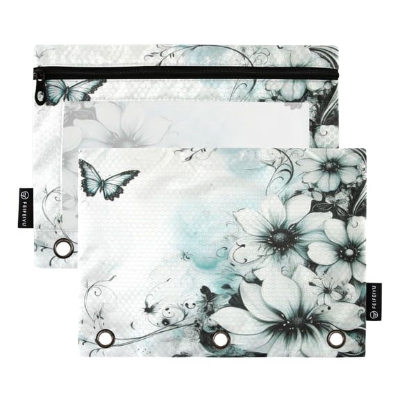 Qxltty Cyan Flowers Pencil Pouches for 3 Ring Binder Clear Window Zipper Pencil Case for Office College Supplies