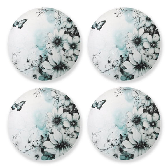 Qxltty Cyan Flowers Wooden Coasters Set of 4 Fun and Practical Perfectly Non-Slip Warm Home Accent