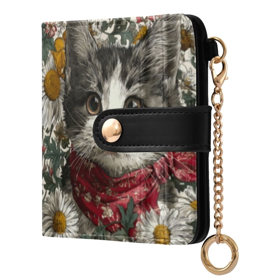 Qxltty Daisy Kitten Ladies Wallet Rfid Slim Thin Compact Credit Card Women Wallet Zipper Coin Pocket and ID Window for Female Gifts