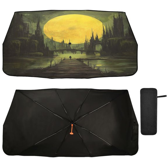 Qxltty Dark Ancient City Car Windshield Sunshade Umbrella Quality Black Rubberized Fabric Can Effectively Block UV Rays Heat