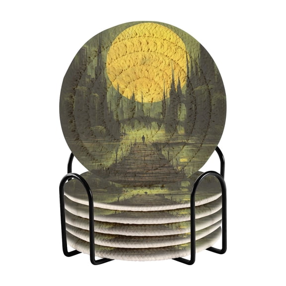 Qxltty Dark Ancient City Drink Coasters with Holder 6pcs Handmade Woven Simple Vintage Saucer Set