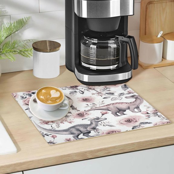 Qxltty Dinosaur Rose Chart Leather Drying Mat for Kitchen Countertops Coffee Mats Hide Stain Quickly Absorbs Water Tableware Decor