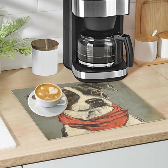 Qxltty Dog with Red Scarf Leather Drying Mat for Kitchen Countertops Coffee Mats Hide Stain Quickly Absorbs Water Tableware Decor