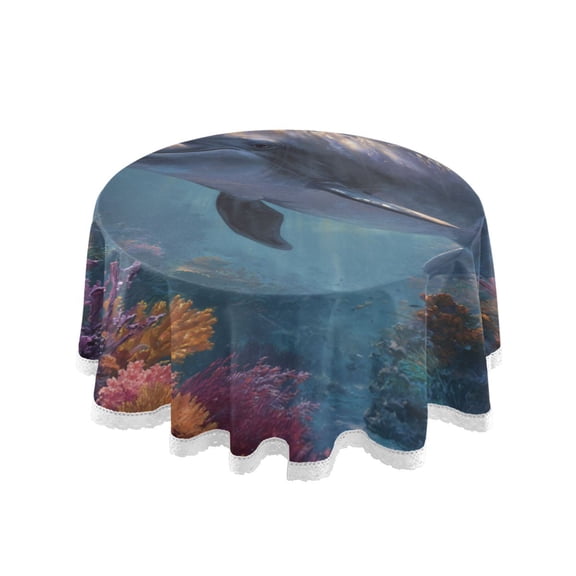 Qxltty Dolphin Round Tablecloth 60 Inch Dia Washable Table Cover with Dust-Proof Wrinkle Resistant for Restaurant Picnic Indoor and Outdoor Dining