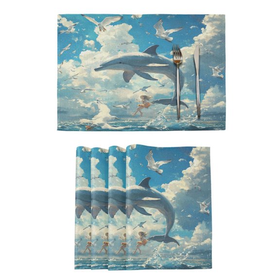 Qxltty Dolphins Collide with Seagulls Placemats Set of 6 Heat Resistant Non-Slip Place mat for Dining Table Washable Durable Polyester Woven Table Decorations