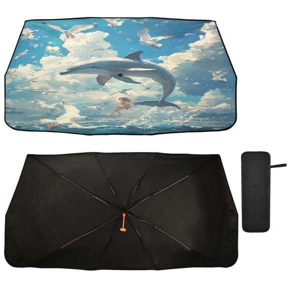 Qxltty Dolphins Collide with Seagulls Car Windshield Sunshade Umbrella Quality Black Rubberized Fabric Can Effectively Block UV Rays Heat