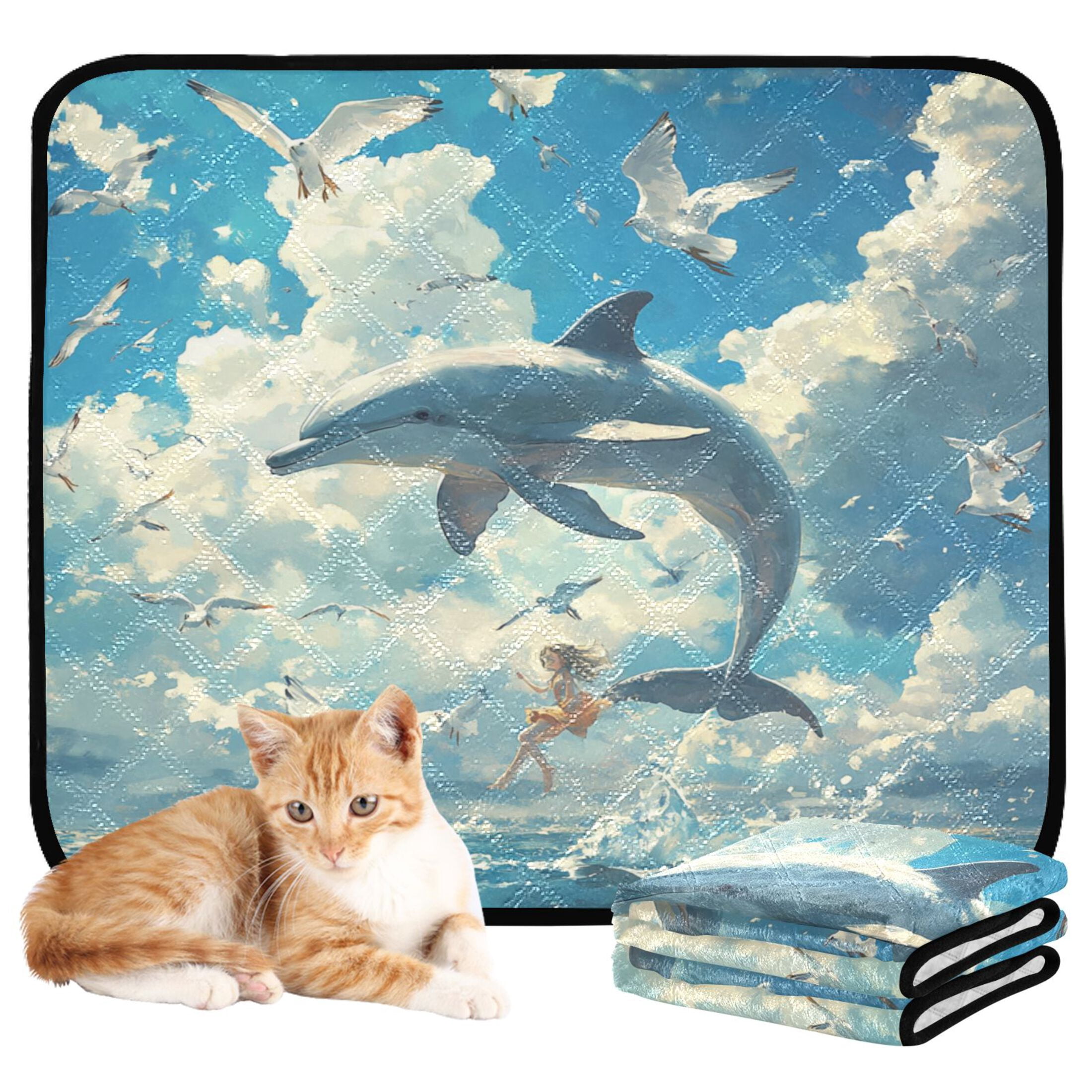 Qxltty Dolphins Collide with Seagulls Cat litter Pads Pet Set of 3 Diaper Mats Center Anti-leakage Layer Absorbent Soft and Comfortable
