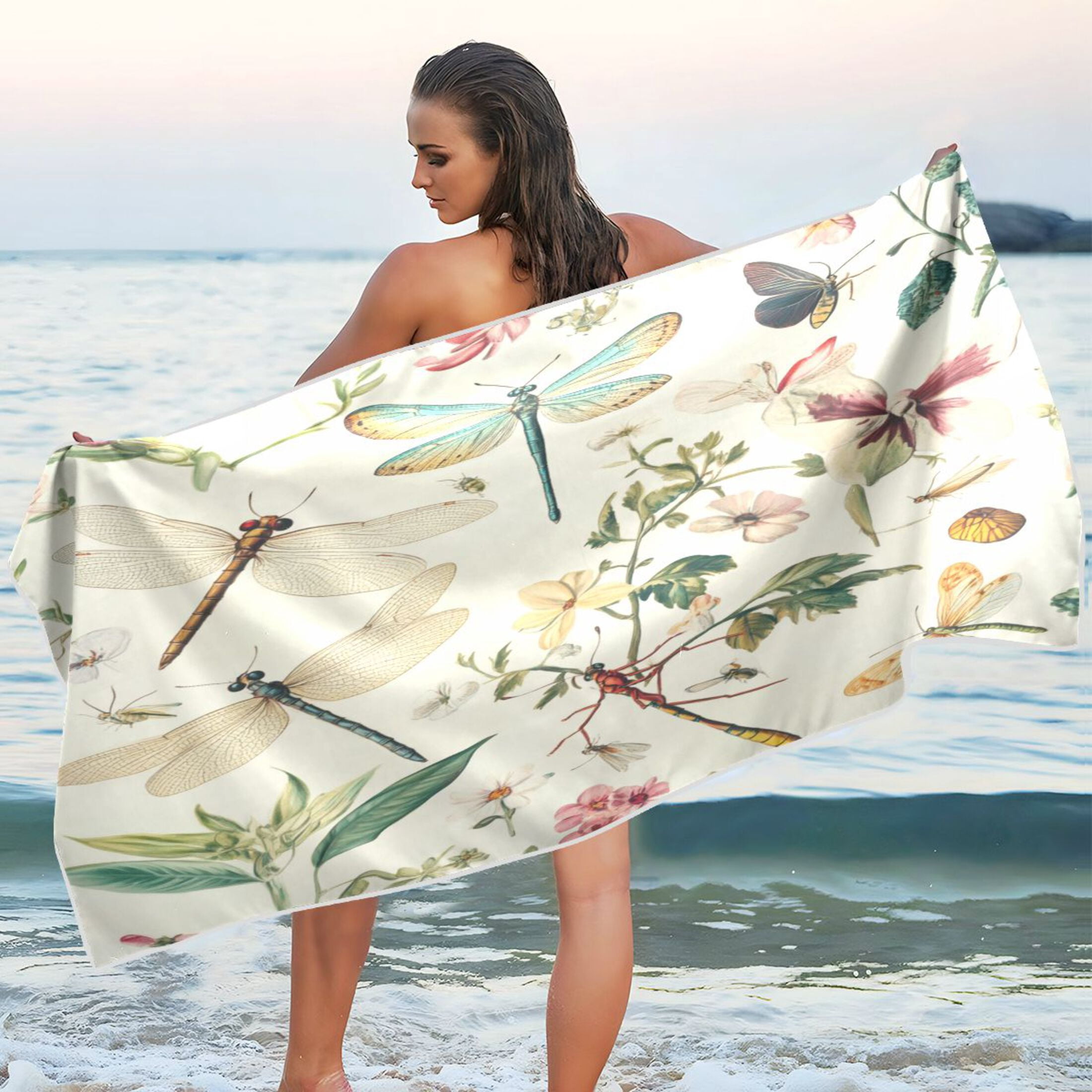 Qxltty Dragonfly Print Painting Beach Towel Sand Free Bath Towel Absorbent Quick Dry Soft Lightweight Blanket for Travel Gym Camping 71x31in