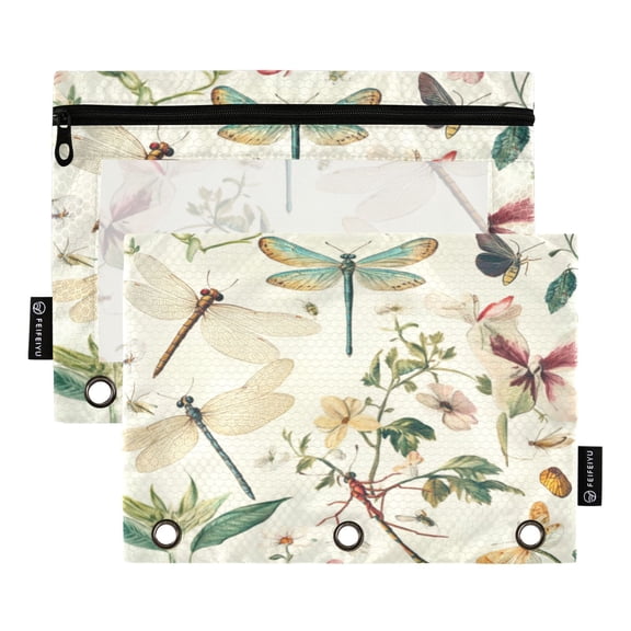 Qxltty Dragonfly Print Painting Pencil Pouches for 3 Ring Binder Clear Window Zipper Pencil Case for Office College Supplies
