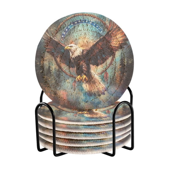 Qxltty Eagle Soaring in The Sky Drink Coasters with Holder 6pcs Handmade Woven Simple Vintage Saucer Set
