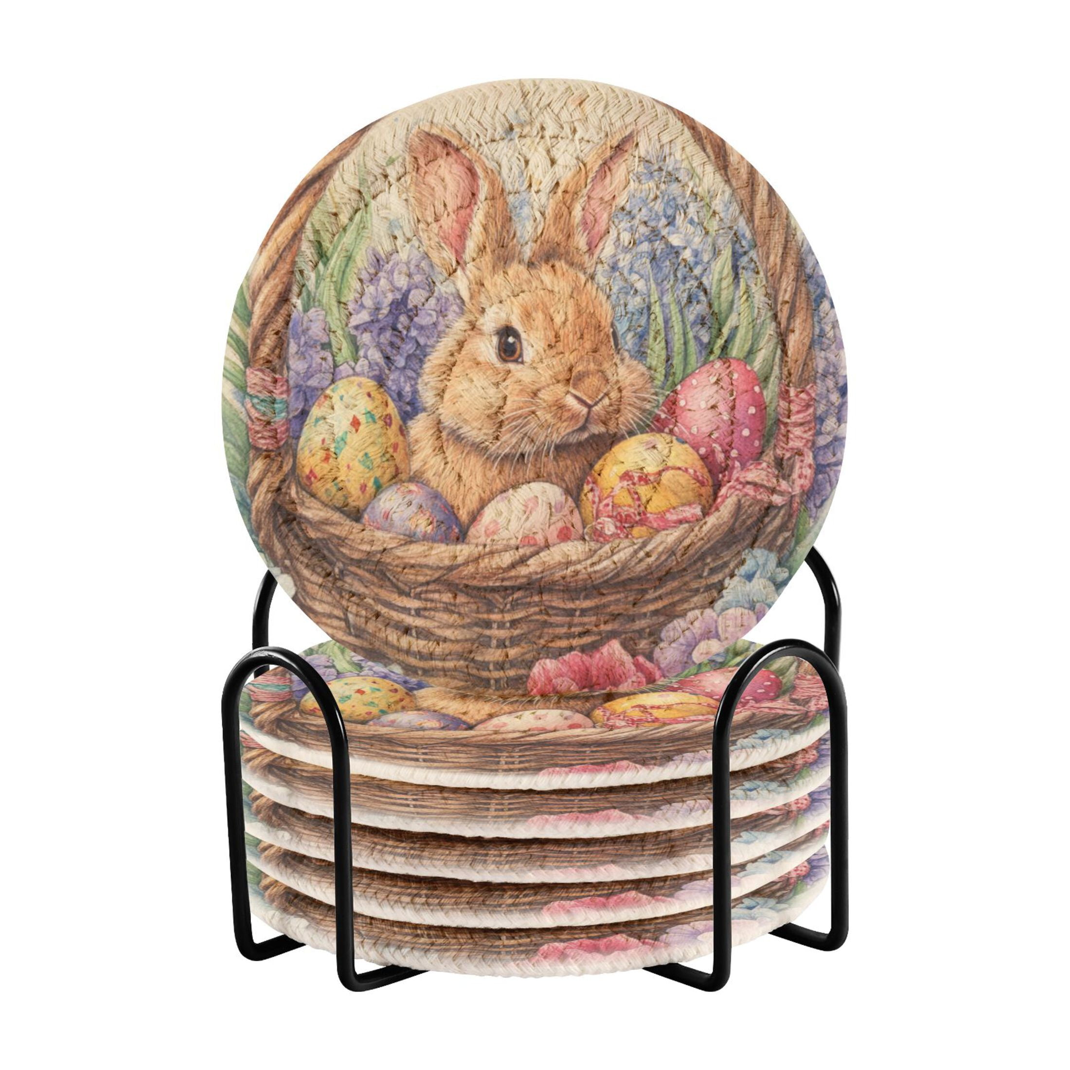 6-Piece Happy Easter Rabbit Egg Drink Coasters Set With Holder - 4 Inch Round Leather Coasters For Easter Decor