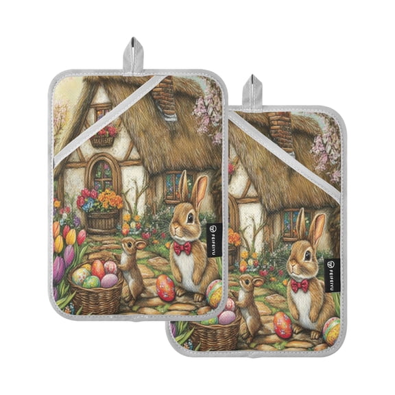 Qxltty Easter Cozy Cabin Oven Mitts 2-Pack Heat Resistant Quilted Oven Gloves with Hanging Loop for Microwave BBQ & Kitchen Use