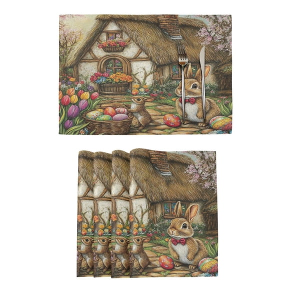 Qxltty Easter Cozy Cabin Placemats Set of 4 Heat Resistant Non-Slip Place mat for Dining Table Washable Durable Polyester Woven Table Decorations