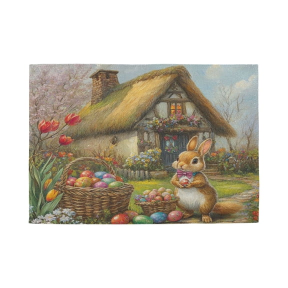 Qxltty Easter Cozy Straw House Placemats Set of 1 Heat Resistant Non-Slip Place mat for Dining Table Washable Durable Polyester Woven Table Decorations