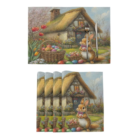 Qxltty Easter Cozy Straw House Placemats Set of 4 Heat Resistant Non-Slip Place mat for Dining Table Washable Durable Polyester Woven Table Decorations