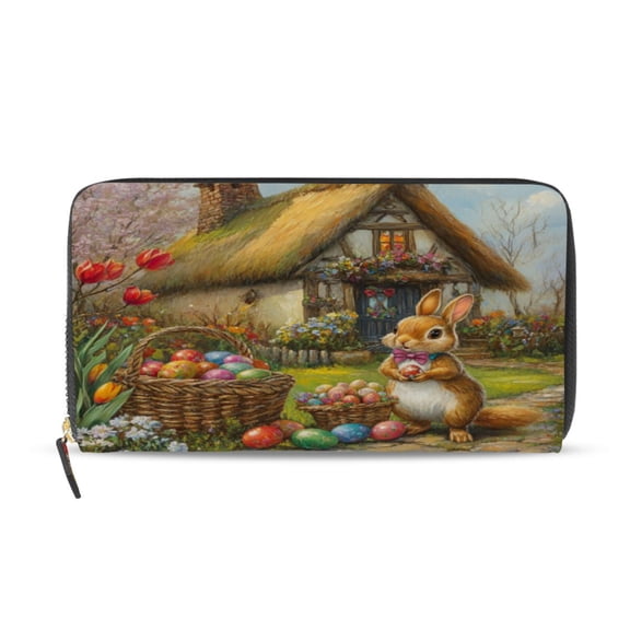 Qxltty Easter Cozy Straw House Women's Leather Wallet Fashion Retro Multi Card Holder with Cell Phone Pocket Mothers Day Gifts