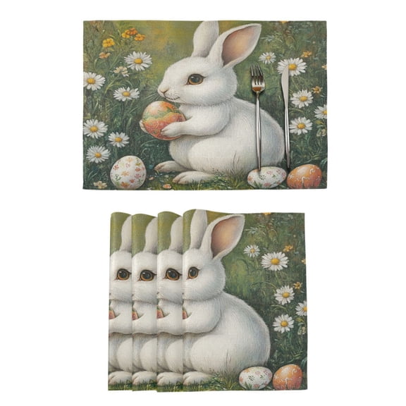 Qxltty Easter White Rabbit Placemats Set of 6 Heat Resistant Non-Slip Place mat for Dining Table Washable Durable Polyester Woven Table Decorations