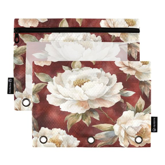 Qxltty Elegant Peony Pencil Pouches for 3 Ring Binder Clear Window Zipper Pencil Case for Office College Supplies