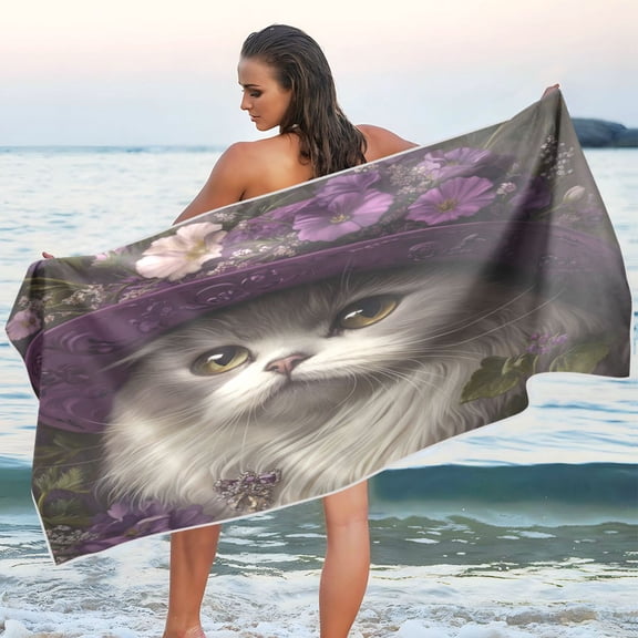 Qxltty Elegant Persian Cat Beach Towel Sand Free Bath Towel Absorbent Quick Dry Soft Lightweight Blanket for Travel Gym Camping 71x31in
