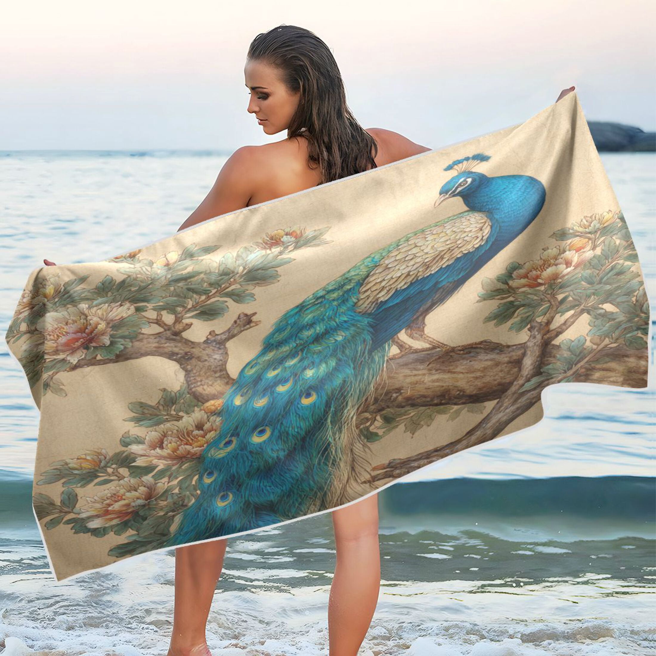 Qxltty Elegent Peacock Beach Towel Sand Free Bath Towel Absorbent Quick Dry Soft Lightweight Blanket for Travel Gym Camping 71x31in