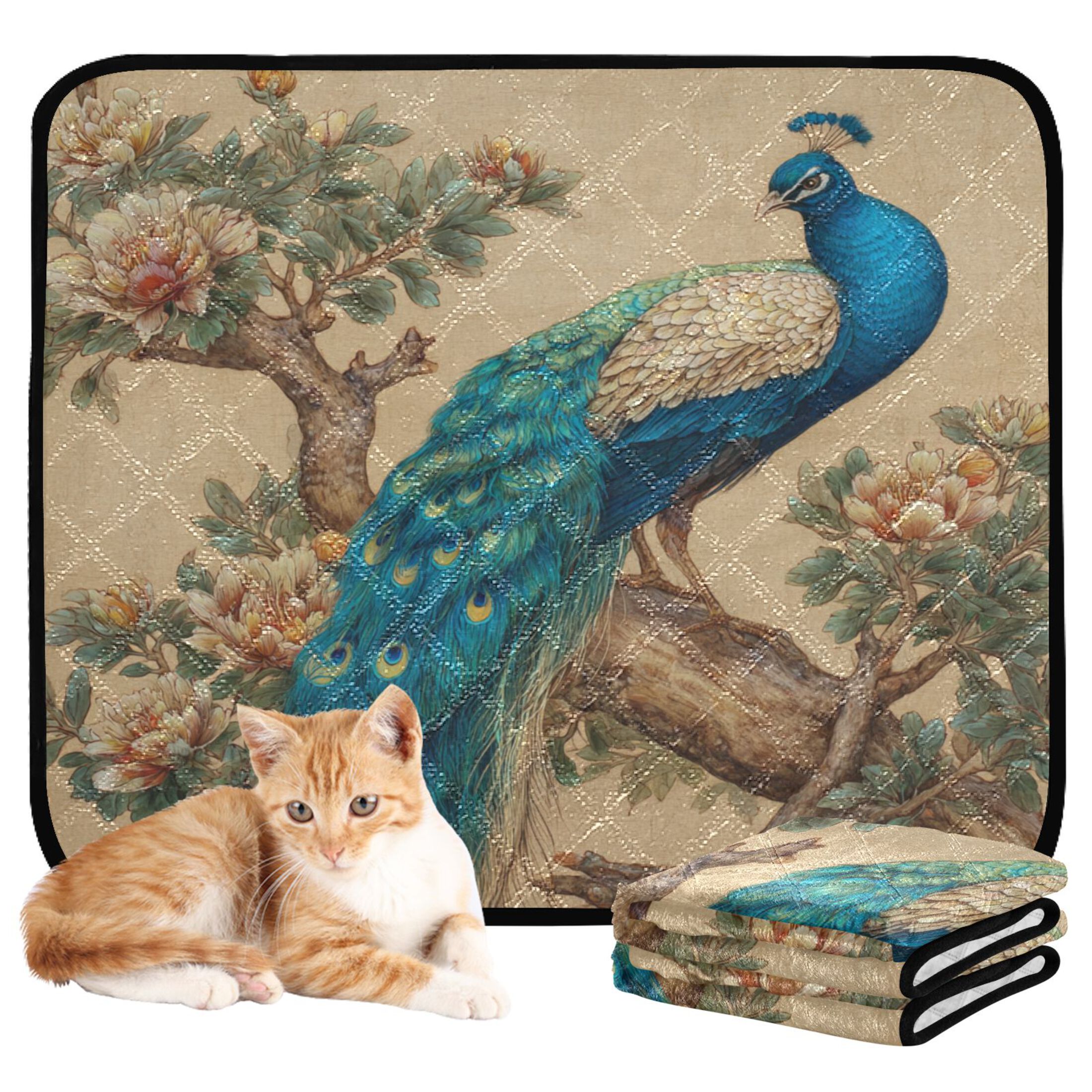 Qxltty Elegent Peacock Cat litter Pads Pet Set of 3 Diaper Mats Center Anti-leakage Layer Absorbent Soft and Comfortable