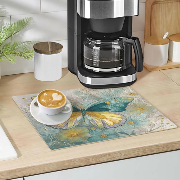 Qxltty Emerald Butterfly Leather Drying Mat for Kitchen Countertops Coffee Mats Hide Stain Quickly Absorbs Water Tableware Decor